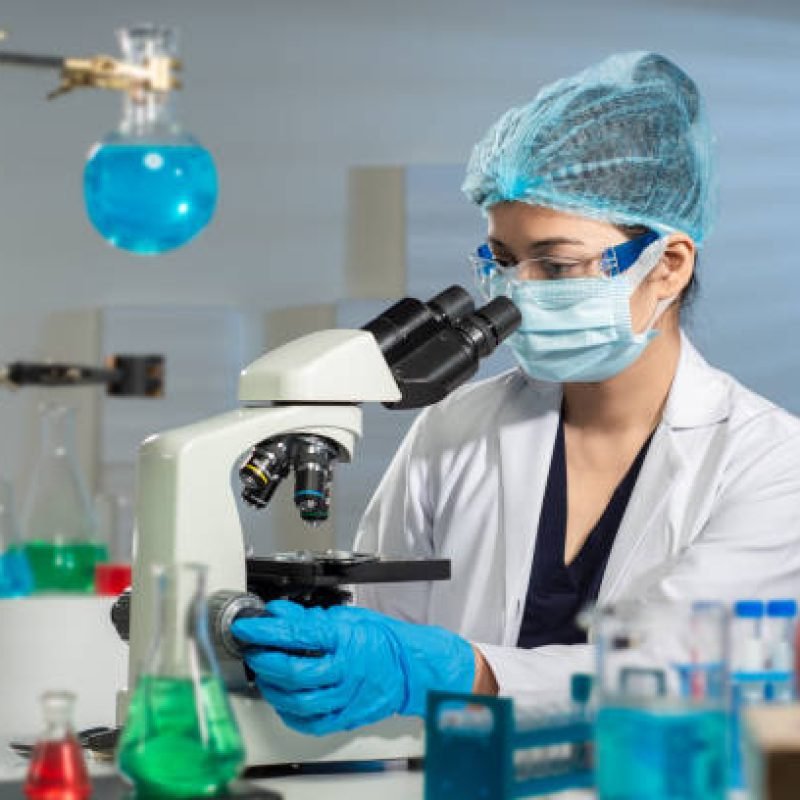 Young good looking Asian Indian Female Lab Technician wearing a navy blue uniform, white lab coat, protective eyeglasses, face mask, blue lab gloves, hairs nicely clipped behind with blue bouffant cap, working on the microscope in the scientific research lab of a hospital, adjusting the focus; with window light falling on the light blue wall behind giving a three-dimensional feel, conical flask containing red chemical, spherical flask with blue chemical on stand, beaker filled with blue liquid, test tube warmer, test tube stand, conical flask with green chemical placed on the white lab table in the foreground.